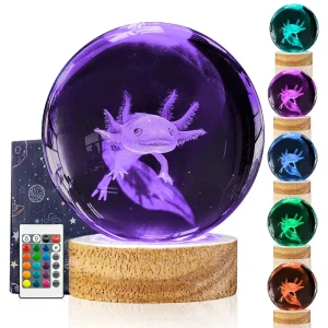 3D Axolotl Crystal Ball Night Light with LED Wooden Base Birthday Christmas Gift for Kids Girls Boys Crystal Ball Night Light